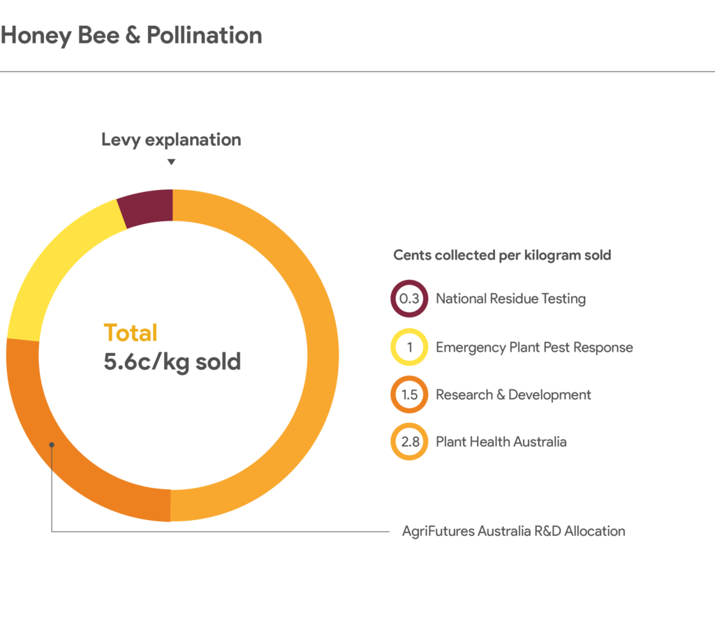 This infographic titled “Honey Bee & Pollination” shows the allocation of the 5.6 cents per kilogram levy. At the top is the heading “Levy explanation.” Below it, a multicoloured doughnut chart displays four levy segments, with centred inner text reading “Total 5.6c/kg sold.” On the right side, a legend titled “Cents collected per kilogram sold” lists the values and allocations with matching colour circles: 1c – Emergency Plant Pest Response, 1.5c – Research & Development, 0.3c – National Residue Testing, 2.8c – Plant Health Australia. A line points from the R&D section to the label “AgriFutures Australia R&D Allocation.” The design clearly breaks down how the levy supports plant health, emergency response, R&D, and residue testing.