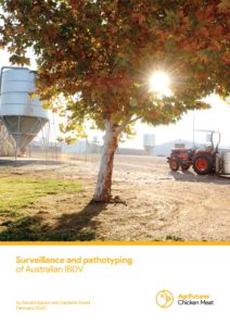A rural farm with a sunlit tree, red tractor, metal grain silos, and farm buildings in the background. Bottom text displays: Surveillance and pathotyping of Australian IBDV.