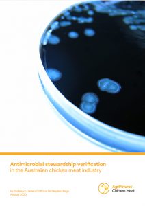 A close-up of bacterial colonies in a Petri dish features the title "Antimicrobial stewardship verification in the Australian chicken meat industry" and highlights agriculture in rural Australia.