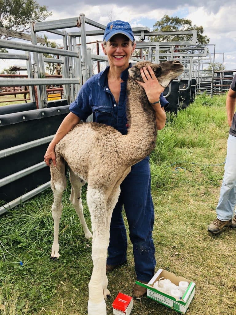Margie Bale holding a camel