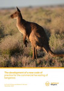 A kangaroo stands alert in a sunlit field. Text below reads: National Code of Practice for the Humane Shooting of Kangaroos and Wallabies for Commercial Purposes, with AgriFutures Kangaroo branding and authors’ names.