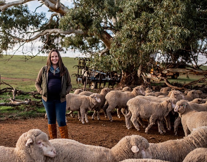 Stephanie Schmidt, 2020 AgriFutures SA Rural Women's Award Winner on her farm with sheep