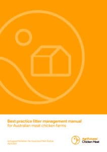 Cover of "Final report: Best practice litter management manual for Australian meat chicken farms," featuring a simple orange chicken and barn graphic, highlighting AgriFutures Chicken Meat research in Australia.