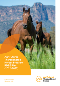 A mare and foal stand in a green field before mountains, depicting rural Australia. The cover features the title: AgriFutures Thoroughbred Horses Program RD&E Plan (2022-2027).
