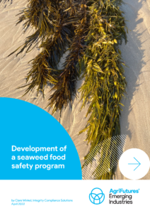 A bundle of seaweed on wet sand appears above the text: “Development of a seaweed food safety program,” highlighting research for rural communities, with the AgriFutures Emerging Industries logo and publication details below.