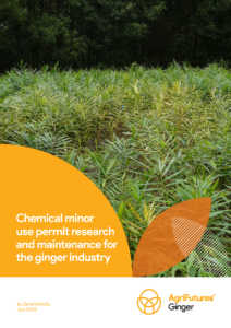 A rural ginger field with green stems and leaves, bordered by trees. Overlaid text: Chemical minor use permit research and maintenance for the ginger industry. AgriFutures Ginger branding at the bottom.