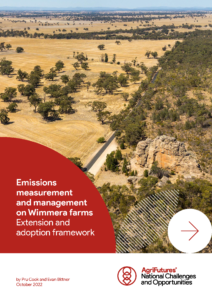 A rural landscape with fields, trees, and a road highlights regional agriculture. Cover text: Emissions measurement and management on Wimmera farms: Extension and adoption framework.