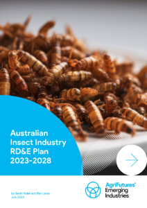 A close-up of edible insects on a white plate with blue and white graphics, featuring the text "Australian Insect Industry RD&E Plan 2023-2028," showcasing innovation in rural agriculture.