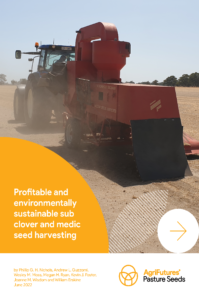 A tractor pulls a red seed harvester across a dry rural field under a clear sky. This image is from the AgriFutures report, "Profitable and environmentally sustainable sub clover and medic seed harvesting.