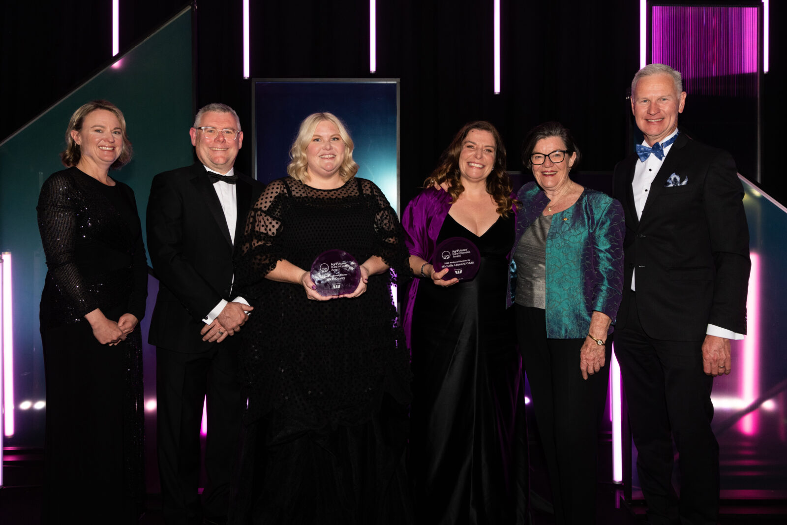 L-R_ Peta Ward (Westpac), Senator the Hon Murray Watt, National Winner Nikki Davey, National Runner Up Michelle Leonard, Cathy McGowan (Chair, AgriFutures), John Harvey (Managing Director, AgriFutures)