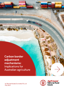 Aerial view of a curved road by turquoise water and shipping containers. Title: Carbon border adjustment mechanisms: Implications for Australian agriculture. AgriFutures logo shown bottom right.