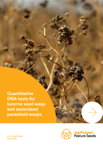 Dry lucerne plants with curled seed pods in a field. Yellow and white overlay displays the product name: Quantitative DNA tests for lucerne seed wasp and associated parasitoid wasps. AgriFutures Pasture Seeds logo appears below.