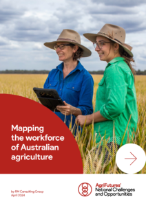 Two women in hats and glasses stand in a field of tall crops, smiling and using a tablet. The text reads: Mapping the workforce of Australian agriculture with AgriFutures branding.