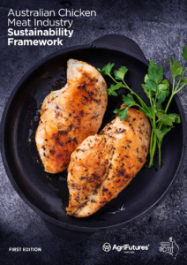 A skillet with two cooked chicken breasts and fresh parsley. Text above reads "Australian Chicken Meat Industry Sustainability Framework," featuring agricultural research. AgriFutures Australia and ACMF logos are shown at the bottom.