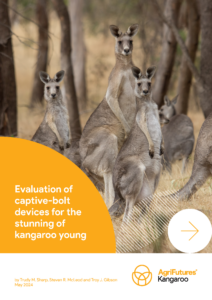 A group of kangaroos stands in rural bushland, overlaid by yellow and white text with the report title: Evaluation of captive-bolt devices for the stunning of kangaroo young.