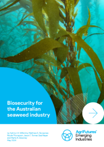 Underwater view of tall, green seaweed swaying in clear blue water with text overlay: "Biosecurity for the Australian seaweed industry." AgriFutures Emerging Industries logo appears at the bottom right.