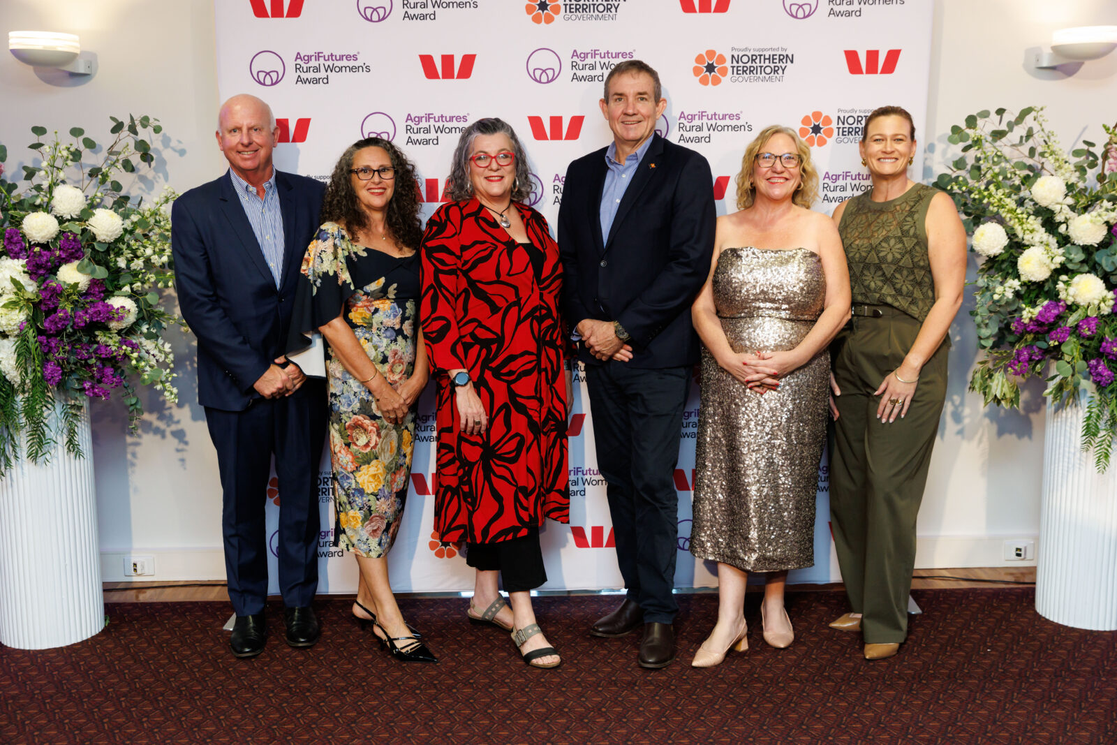 L-R: Brad Higgins (Westpac), Kristy Hollis (2025 Northern Territory Winner), Barbara Clifford (finalist), Gerard Maley (Minister for Agriculture & Fisheries), Nicole Walsh (finalist), Sheridan Ingold (AgriFutures).
