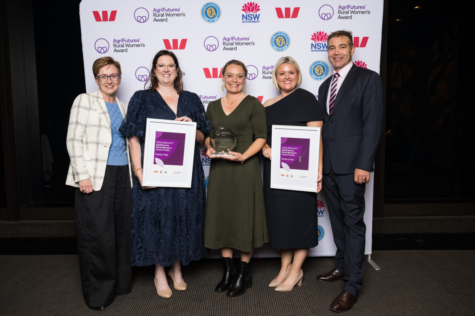L-R The Hon. Jodie Harrison MP (NSW Minister for Women), Katelyn Wall (Finalist), Carol Mudford (Winner), Dimity Smith (Finalist) and Andy Kidd (Westpac).