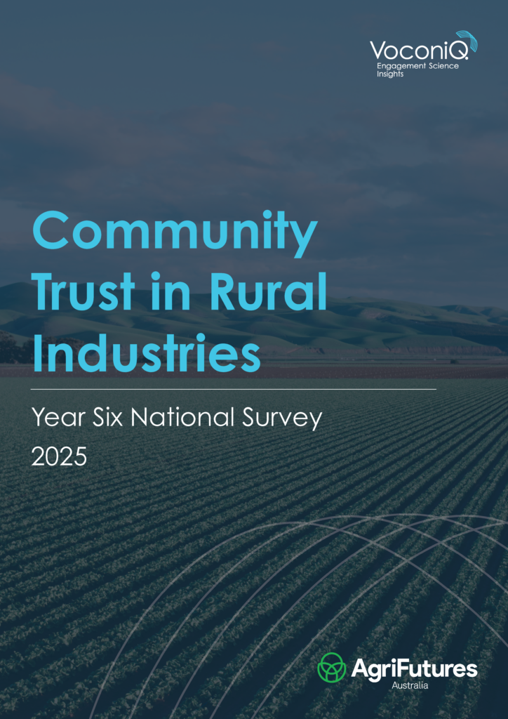 Report cover titled "Community trust in rural industries - Year six national survey 2025," with Voconiq and AgriFutures Australia logos on a green rural agricultural fields and hills background.