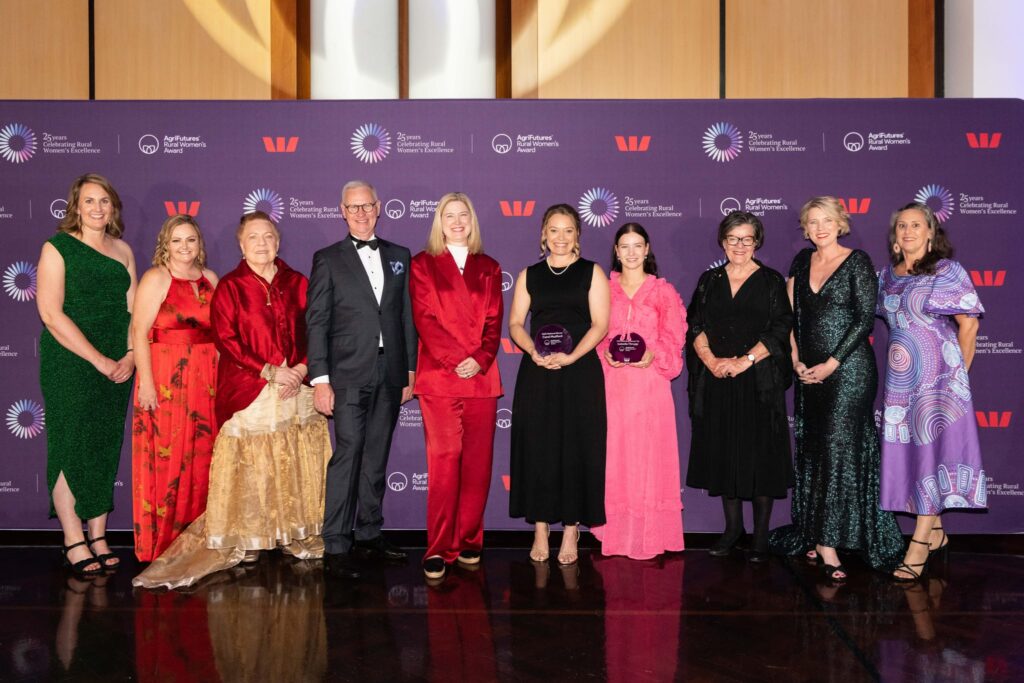 The 2025 AgriFutures Rural Women's Award National Winers with AgriFutures Managing Director John Harvey, AgriFutures Chair Cathy McGowan and the Hon Julie Collins MP, Minister for Agriculture, Fisheries and Forestry.