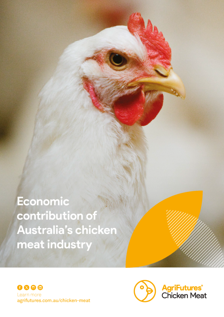 A close-up of a white chicken with a red comb appears beside text about the economic contribution of Australia’s chicken meat industry. The AgriFutures Chicken Meat logo and website are shown below the product, Snapshot: Economic contribution of Australia’s chicken meat industry.