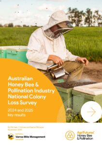 A rural beekeeper in protective clothing inspects a hive frame on green boxes in a field, with text highlighting key results from the Australian Honey Bee & Pollination Industry National Colony Loss Survey 2024 and 2025.