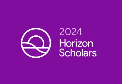 A white line drawing of a sun over a horizon appears next to the text 2024 Horizon Scholars on a purple background, celebrating the achievements of previous Horizon Scholars.