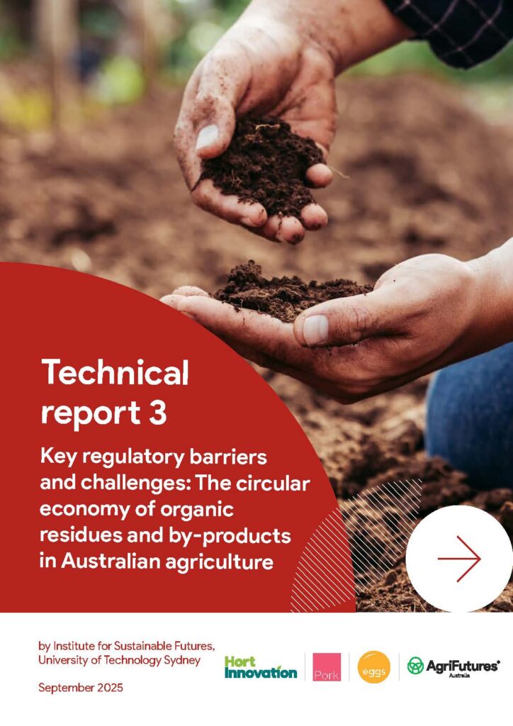 Hands holding soil in a field, with text overlay about "Technical report 2: Farmer and rural businesses' readiness for change: A survey of views on circular economy activities." Logos and publication details appear at the bottom.