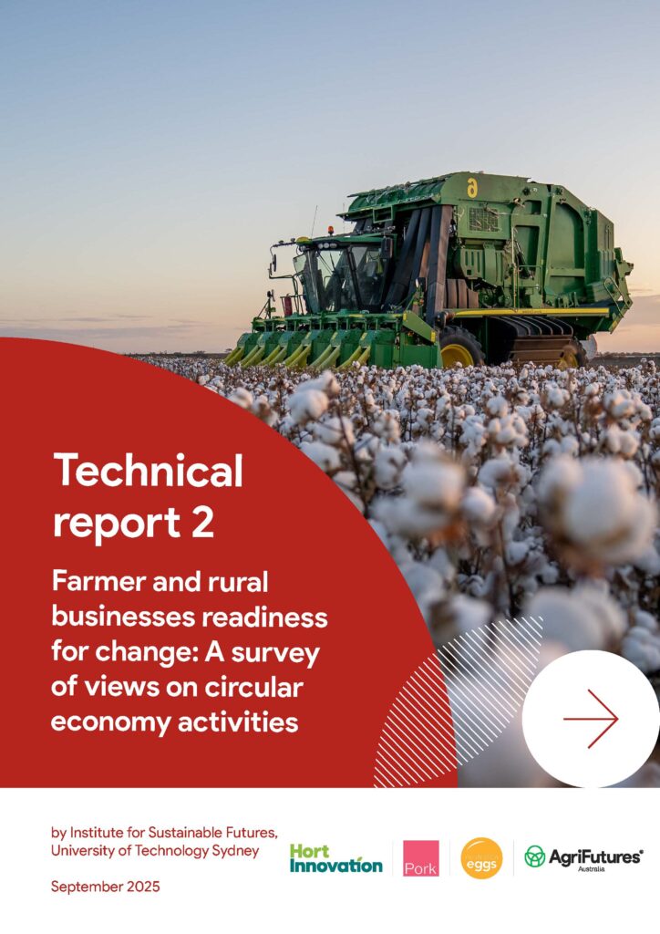 A large green cotton harvester in a cotton field at sunset. Text overlay: Technical report 2: Optimising circularity in Australian agriculture—Mapping organic residues availability for circular economy opportunities.