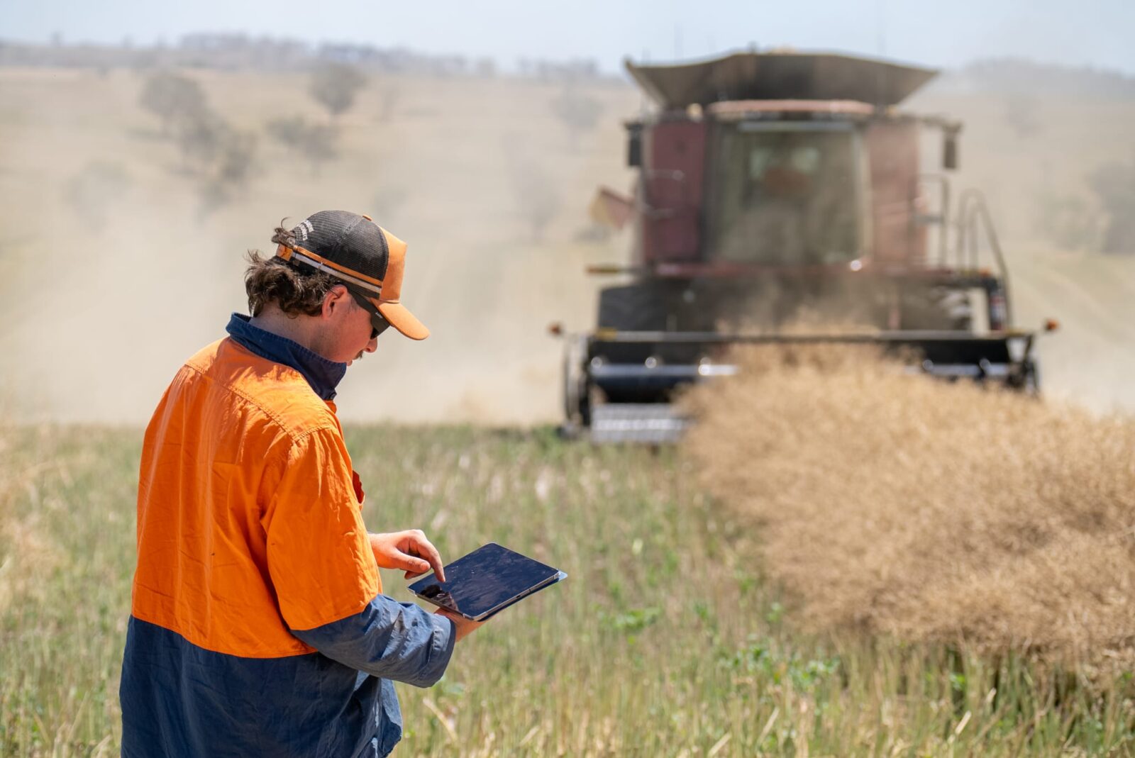 A person in an orange and blue work shirt uses a tablet in a field, with a large combine harvester operating in the background amid dust.