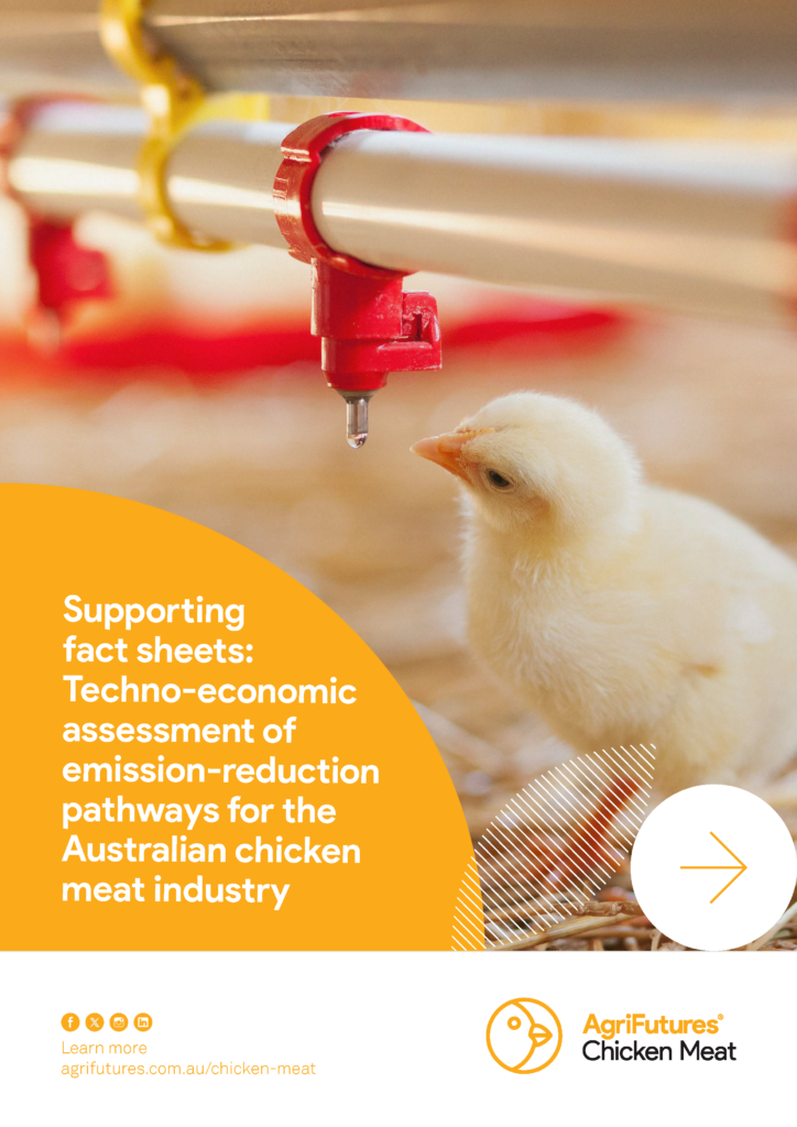 A yellow chick stands near a red and white water dispenser in a poultry farm. Text on the image promotes fact sheets on emission-reduction pathways for the Australian chicken meat industry. AgriFutures Chicken Meat logo is visible.