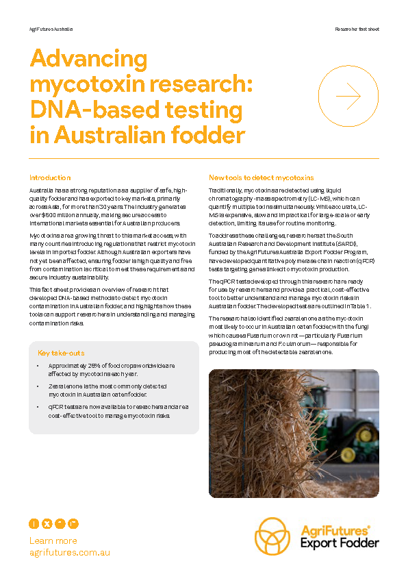 The fact sheet "Advancing mycotoxin research: DNA-based testing in Australian fodder" explains detection methods, featuring text, a chart, and a hay sampling photo. The AgriFutures Export Fodder logo appears at the bottom.