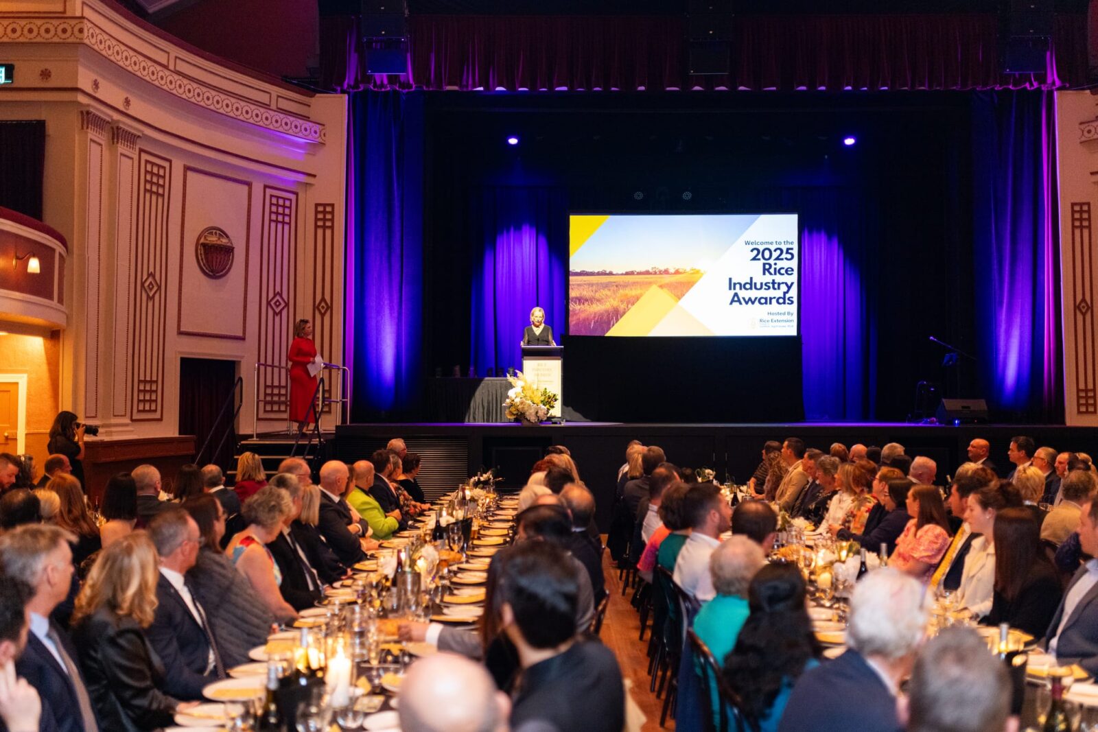 A speaker stands at a lectern on stage during the 2025 Rice Industry Awards at Rice Connect 2026, addressing a seated audience in a formal, decorated hall with purple stage lighting and banquet tables.