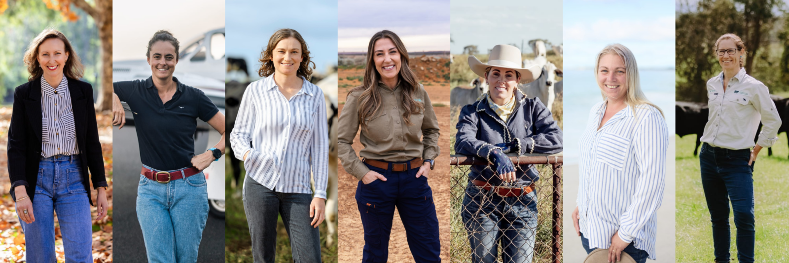 A line-up of seven rural women standing outdoors in different farm settings, smiling at the camera. They are dressed in casual or farm clothing, with fields, trees, or livestock in the background.