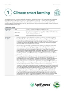 A document titled Climate-smart farming details opportunity card 1 from AgriFutures Australia. It outlines climate-smart farming’s role in improving resilience and promoting circularity, describing challenges, benefits, and impacts in a table format.