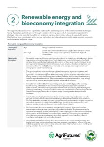 A fact sheet titled Renewable energy and bioeconomy integration outlines challenges, opportunities, and potential benefits for agriculture, highlighting the importance of circularity in sustainable farming practices. The sheet features icons and AgriFutures Australia branding at the bottom.