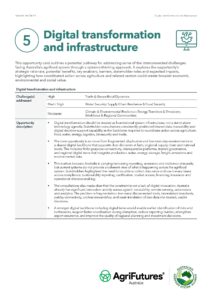 A digital opportunity card titled Digital transformation and infrastructure from AgriFutures Australia, highlighting challenges, expected benefits, enablers, and key stakeholders in supporting digital solutions for agriculture sectors whilst promoting circularity within agricultural practices.